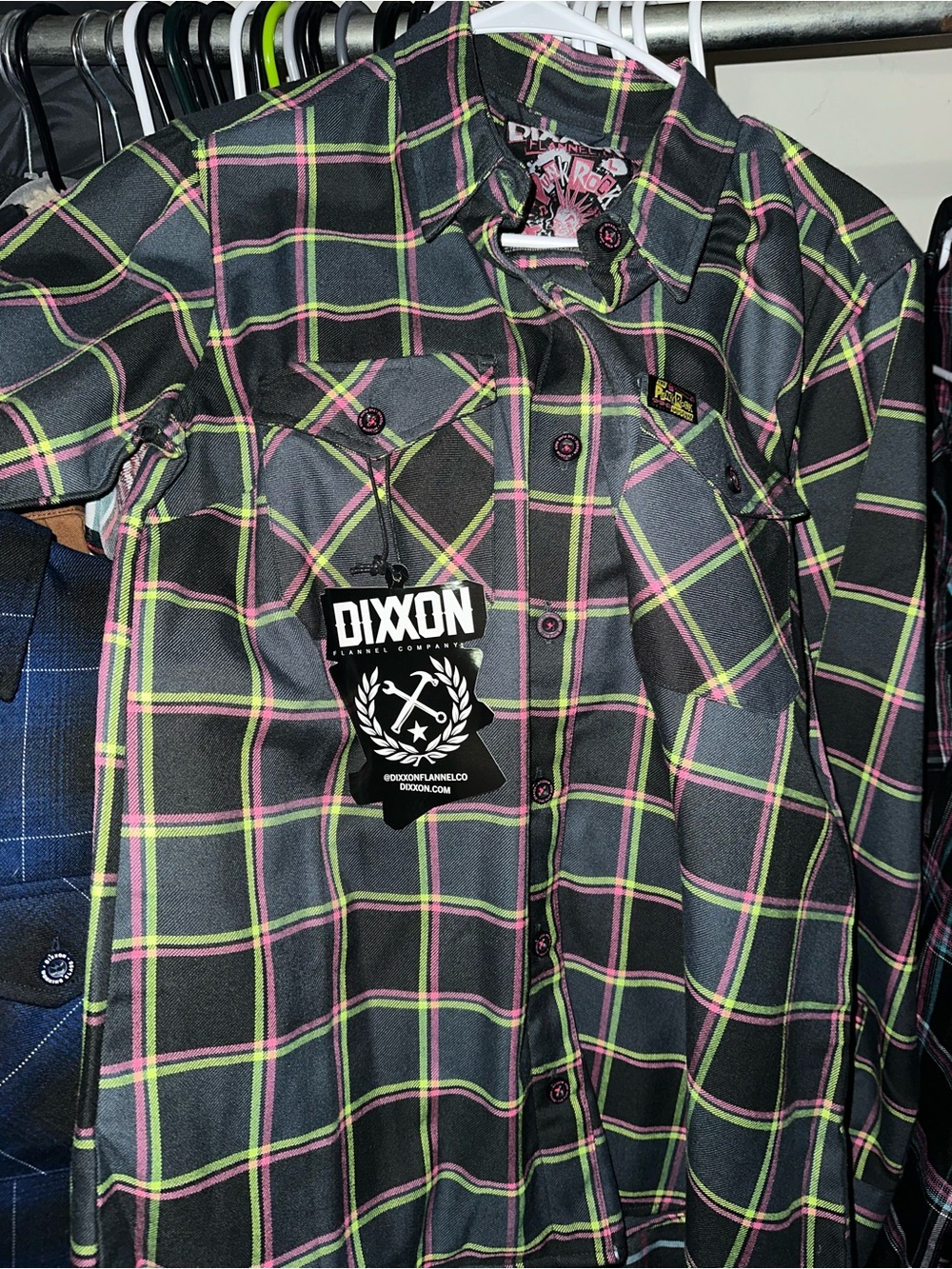 DIXXON Button-Down Flannel Shirt with Pink & Lime Lines Punk Rock Museum - Picture 3 of 4
